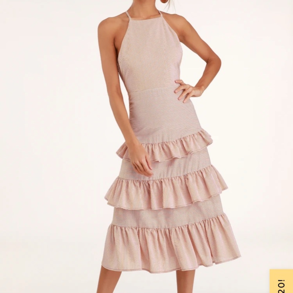Lulus Gentle Breeze Orange Striped Ruffled Midi Dress - Small